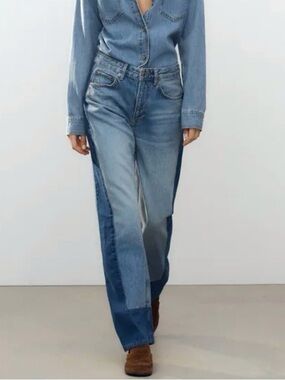 Zara Colour Block Two Tone Straight Leg Jeans